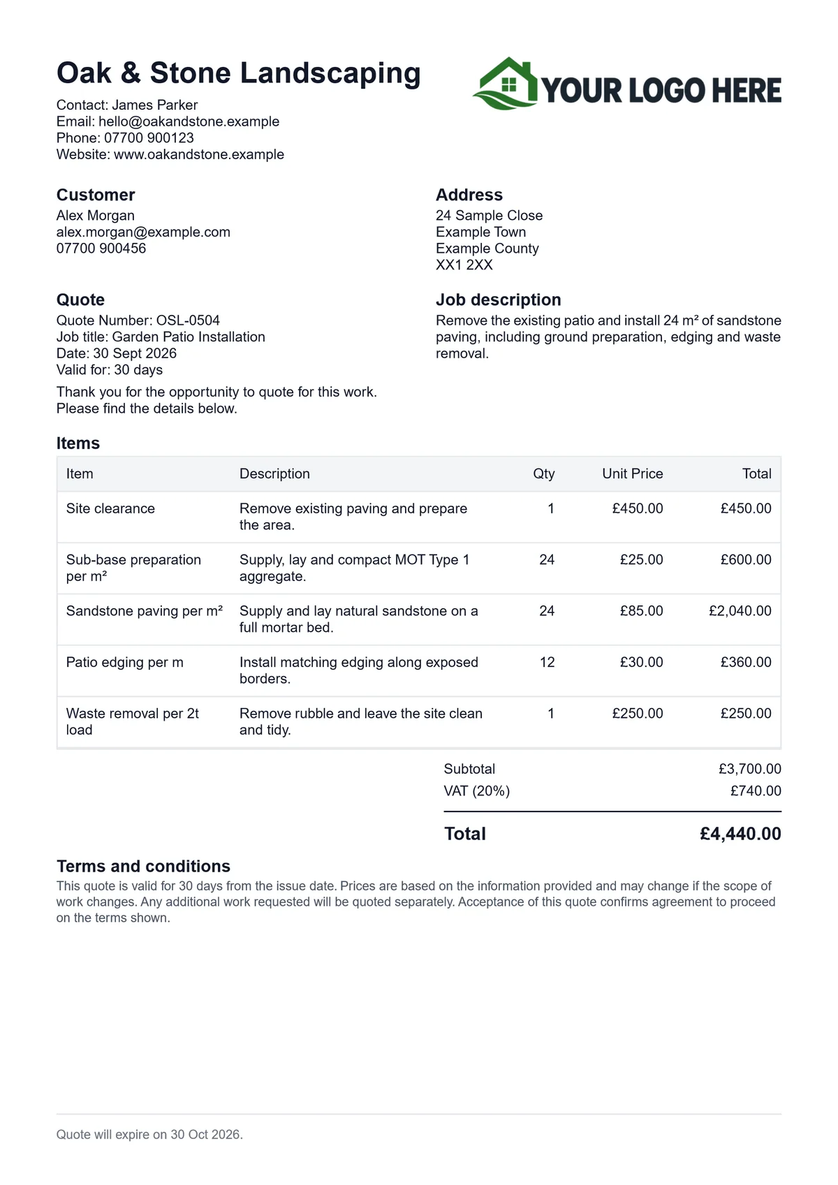 Example Quote Forge quotation for a garden patio installation, showing business branding, itemised prices and VAT totals